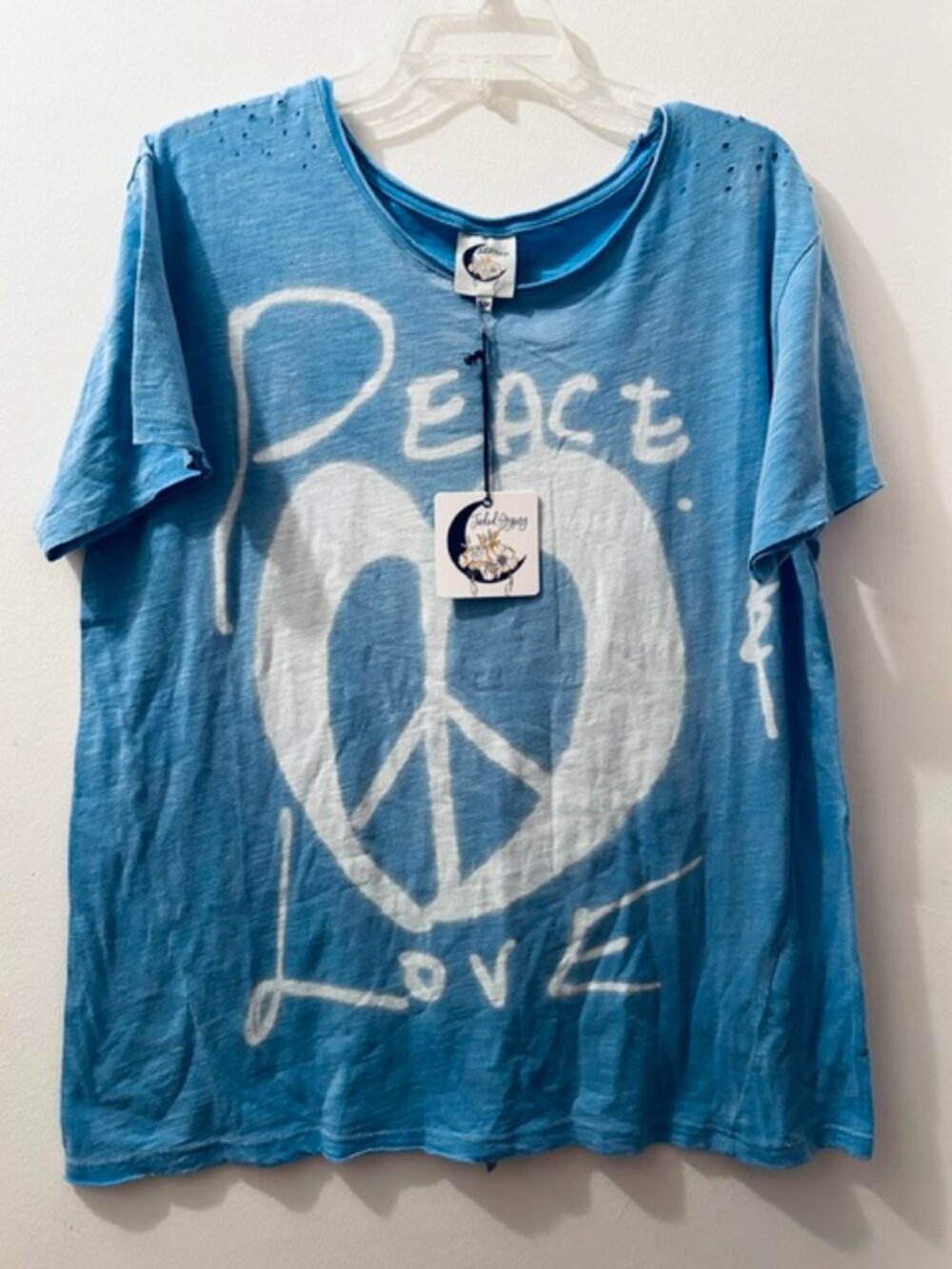 Jaded Gypsy Moon Dance "Sky Peace & Love" Cool Sky Blue Distressed Tee NWT